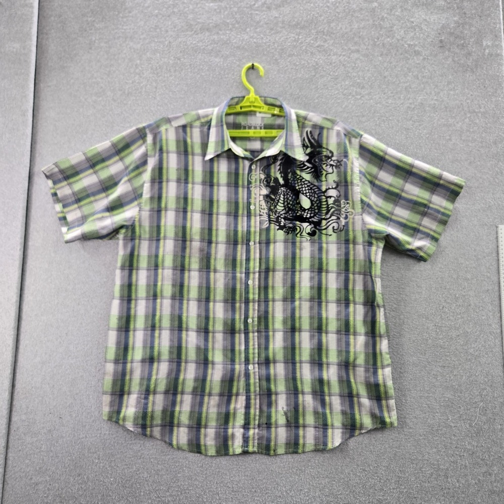 Roadblock Jeans Men Button Up‎ Shirt XL Green Logo Dragon Plaid Y2K